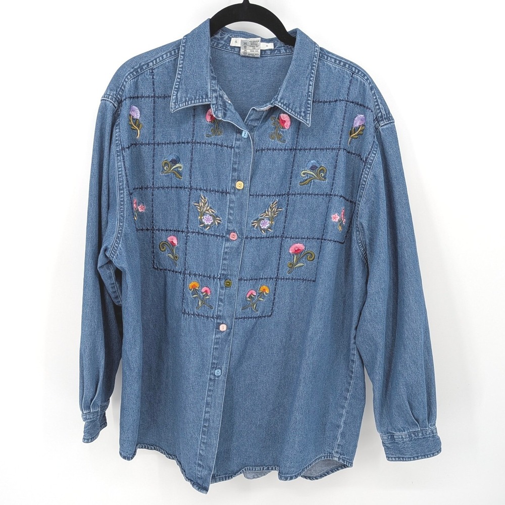 Cottagecore Denim Button Down Women XL Blue Floral Embroidered Long Sleeve